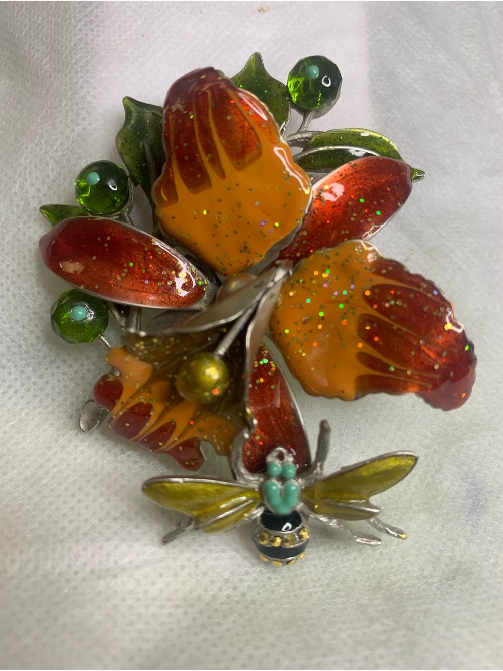 Hand-Painted Orange and Red Floral Brooch with Bee Accent